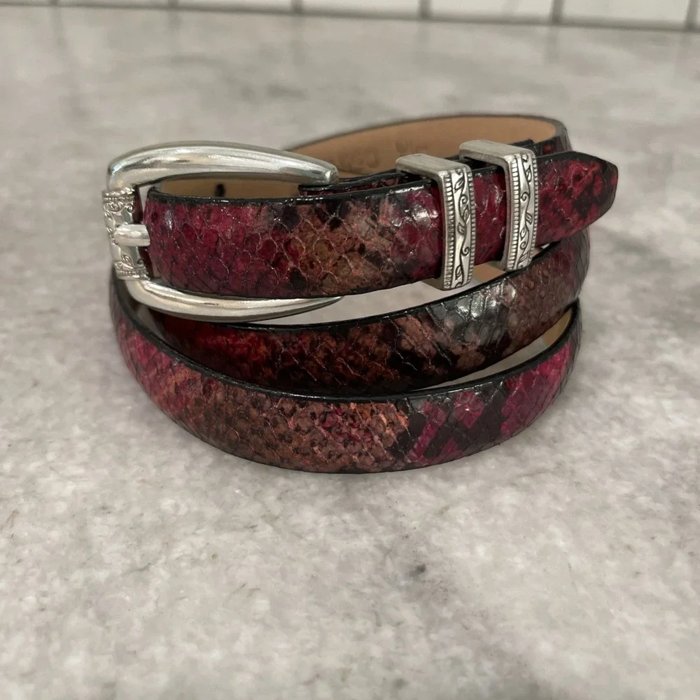 Brighton Snake Belt Womens Size 34 Large Floral Burgundy Python Skinny USA